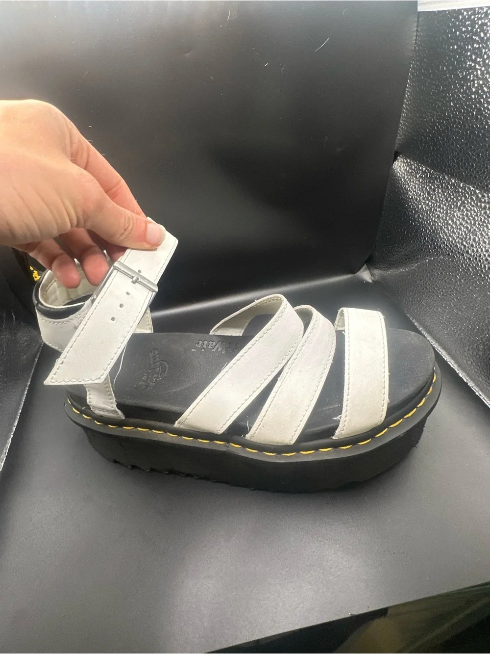 Dr. Martens White Strappy Platform Sandals with Black Sole